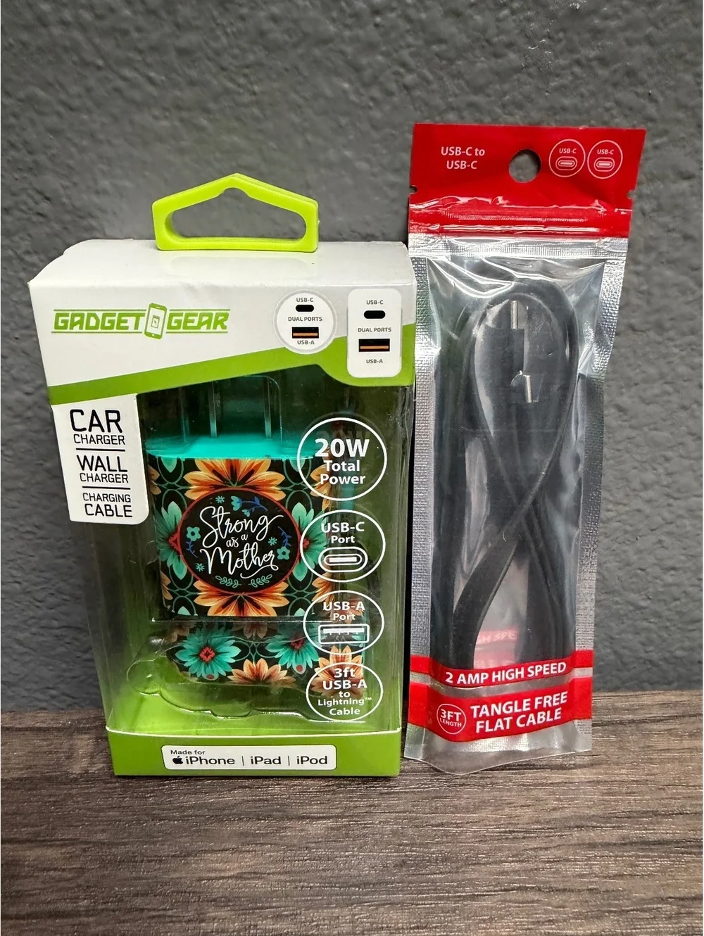 20W Car Wall Charger Set 3ft Apple device Cable & 3ft USB C Flat Cord Floral Set
